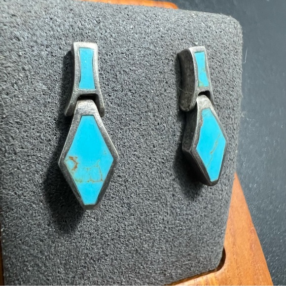 Vtg Sterling Sleeping Beauty Turquoise Inlay Dangle Earrings Native Amer… - Picture 3 of 10